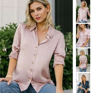 Ravella Mulberry Silk Button Down Blouse in Rosa Pink